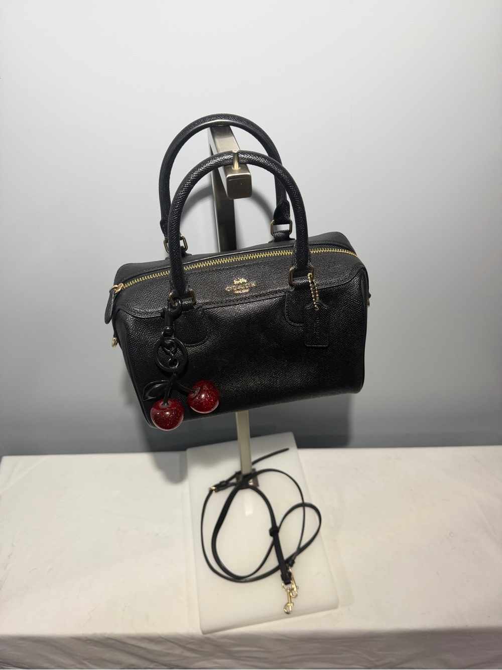 Coach Black Leather Satchel with Red Cherry Charm